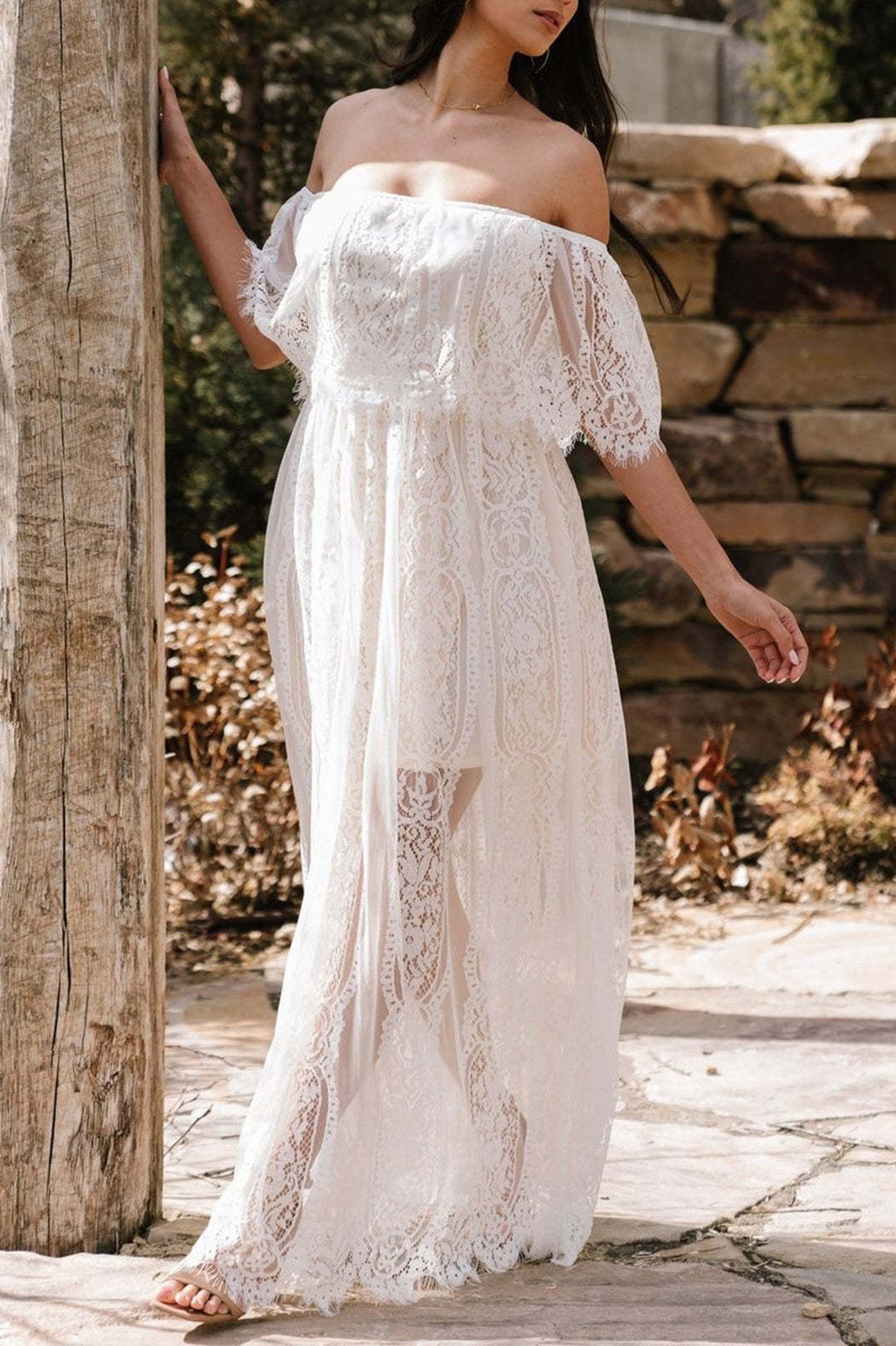 Off-Shoulder Floral Lace Overlay Scalloped Sheer Boho Maxi Dress