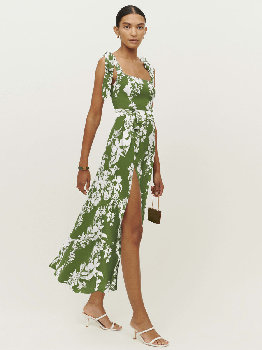 BUDDING BEAUTY SPLIT FLORAL MAXI DRESS - GREEN