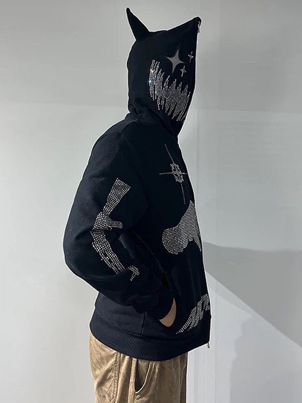 Rhinestone Hooded Loose Zipper Cardigan Hoodie