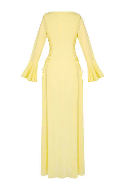 Fashionable Beaded Long-sleeved Square-neck Fitted Waist Tie Maxi Dress