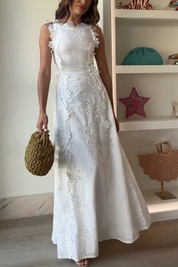 High Neck Tie Shoulder Floral Lace Eyelet Embroidery Maxi Dress