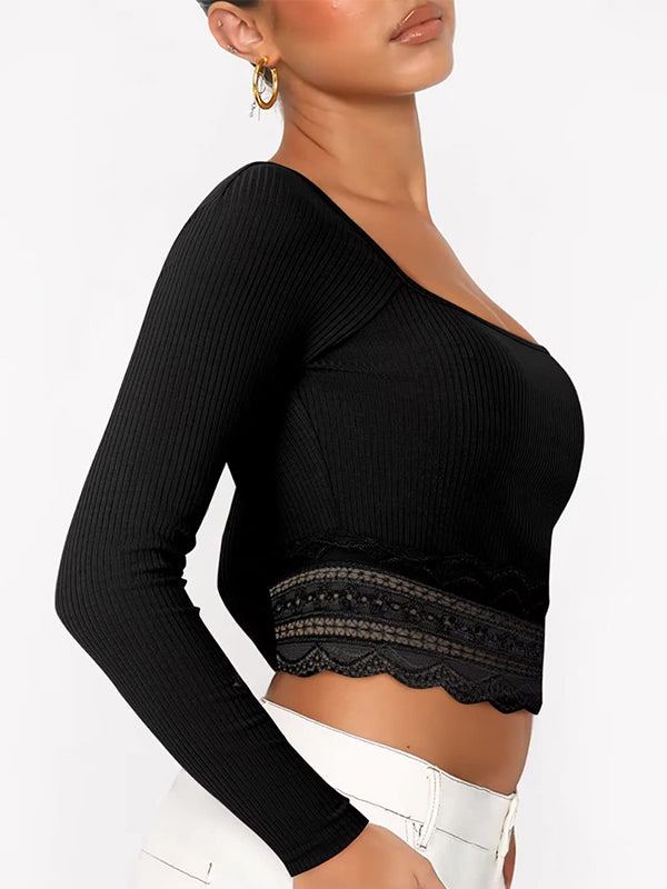 Solid Color Lace Hem Square Neck Crop Long Sleeve Knit