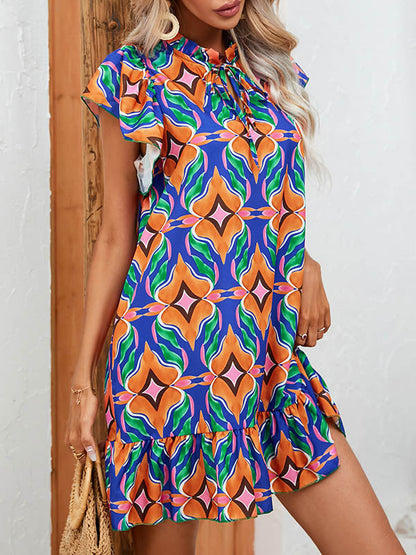 A-Line High Waisted Hollow Pleated Printed Split-Joint Tied Round-Neck Mini Dresses