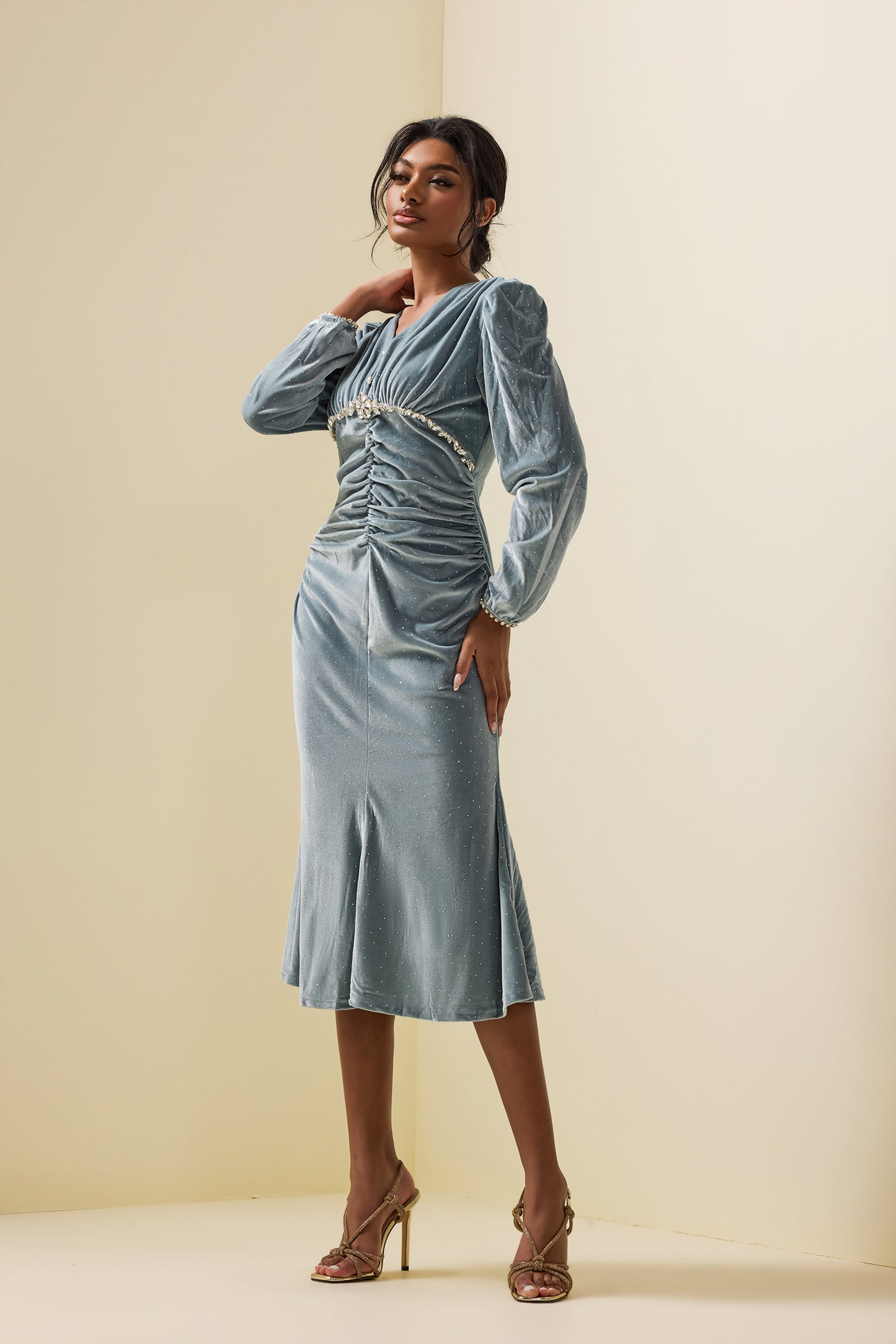 Solid Velvet Rhinestone Midi Dress