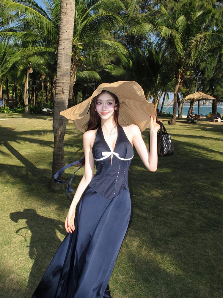 French Blue Halter Maxi Dress – Elegant V-Neck Cutout Bow-Tie Backless Beach Dress