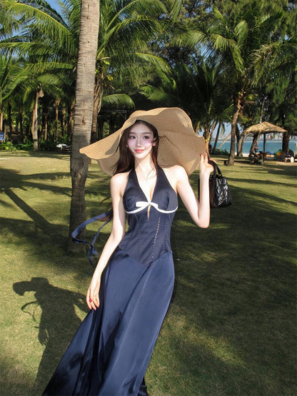 French Blue Halter Maxi Dress – Elegant V-Neck Cutout Bow-Tie Backless Beach Dress