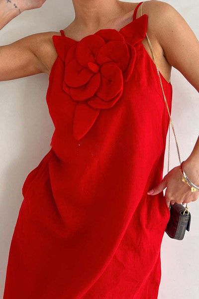 Linen Blend Floral Embellishment Pocketed Slit Maxi Dress