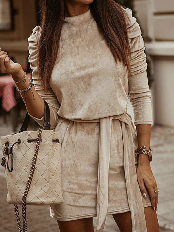 Velvet Dress Coffee Brown Knotted Pleated Party Long Sleeves High Collar Fall Short Mini Dresses