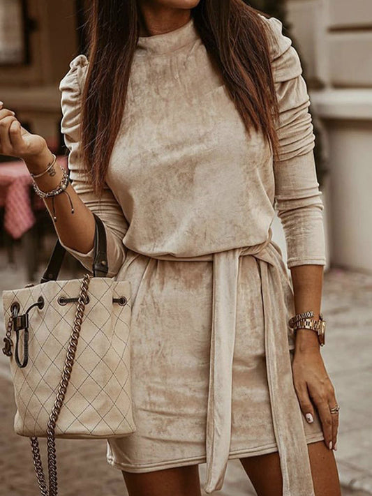 Velvet Dress Coffee Brown Knotted Pleated Party Long Sleeves High Collar Fall Short Mini Dresses