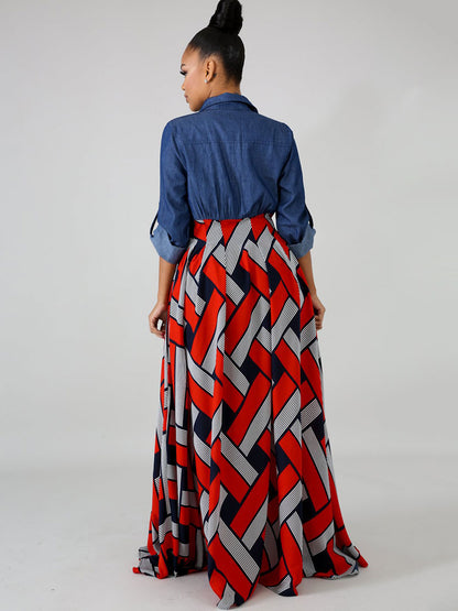 Red Maxi Dresses For Women Long Sleeves Printed V-Neck Lace Up Oversized Long Dress