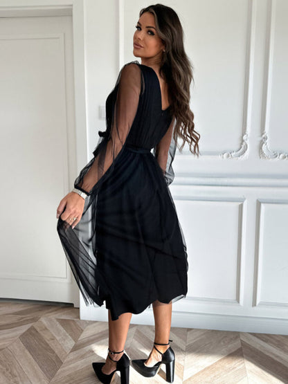 Black Midi Dress V-Neck Belted Backless Daily Casual Dresses