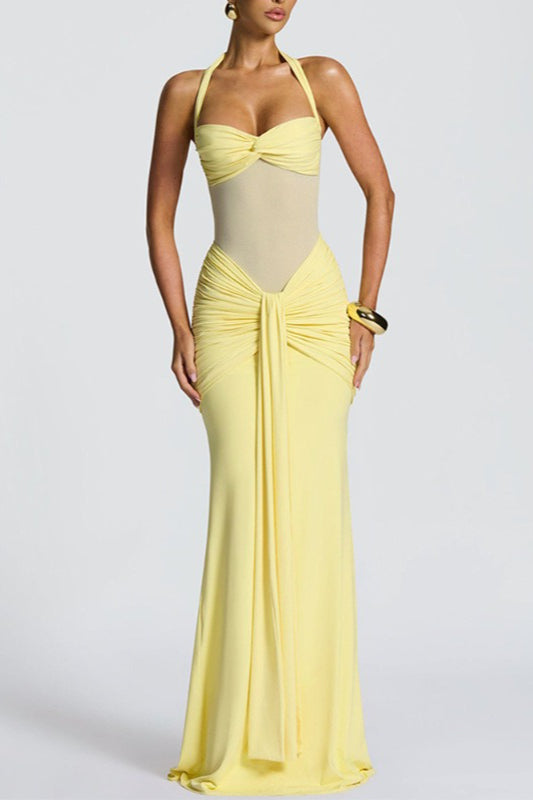 Halter Sweetheart Ruched Mesh Panel Cutout Front Drape Maxi Dress