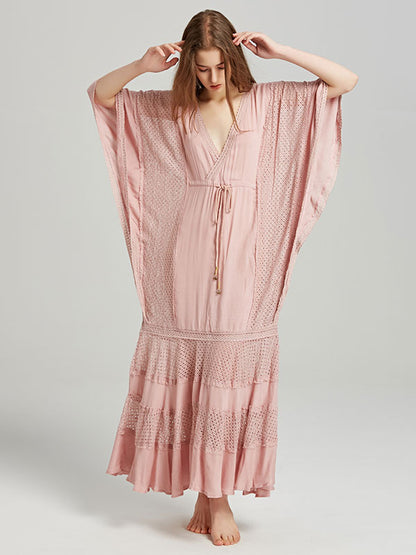 Boho Dress Deep V-Neck White 3/4 Length Sleeves Bohemian Gypsy Beach Vacation Spring Summer Maxi Dress For Women