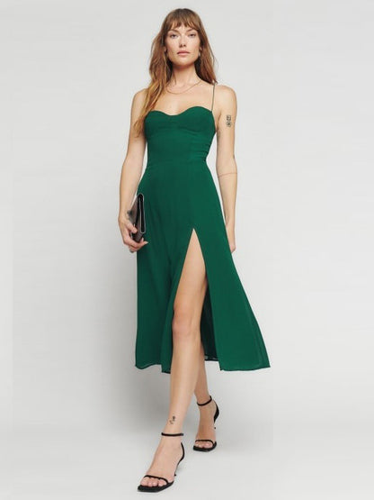 Summer Midi Dress Green Straps Neck Split Front Beach Dress