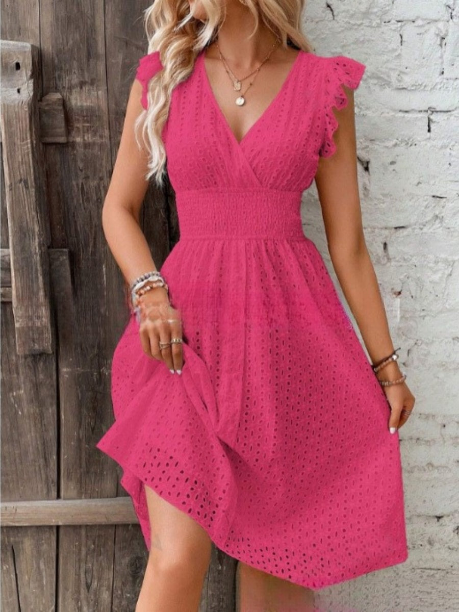 7 Colors Lace Flutter Sleeve V-neck Midi Dress
