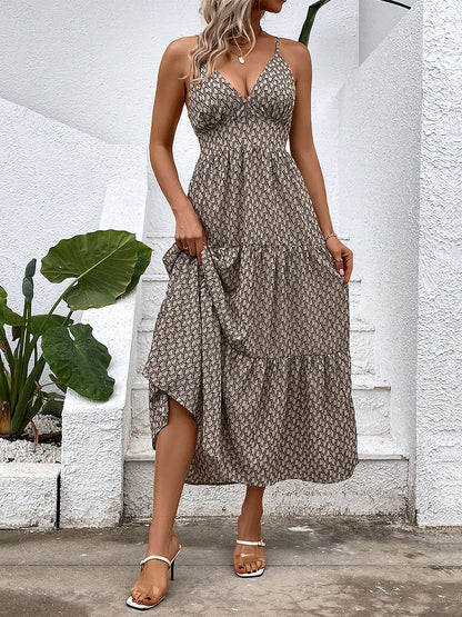 Summer Midi Dress Khaki V-Neck Pleated Printed Beach Dress