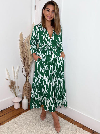 Shirt Midi Dress Green Turndown Collar Split Front Long Sleeves Geometric Layered Dress