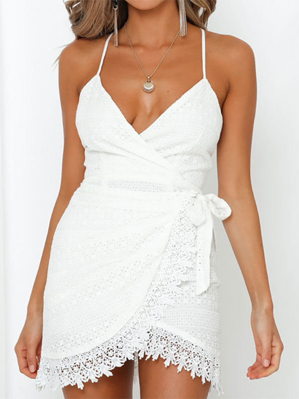 Summer Mini Dresses White V-Neck Lace Lace Beach Dress