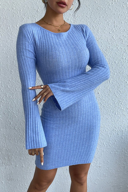 Rib Knit Scoop Neck Flare Sleeve Backless Bodycon Mini Sweater Dress