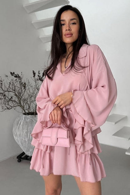 Point Collar V Neck Wide Bell Sleeve Drawstring Waist Tiered Ruffle Mini Dress
