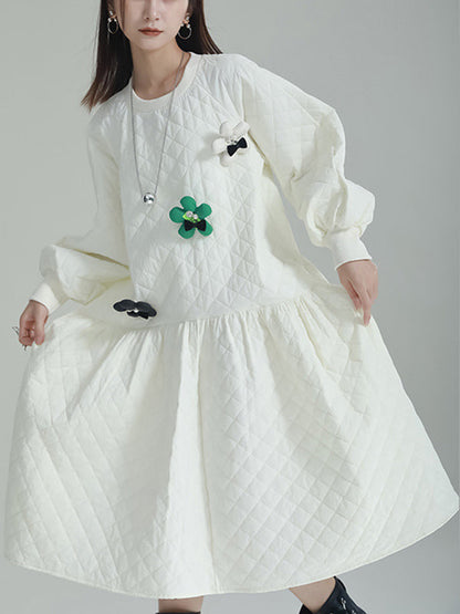 Long Sleeves Loose Pleated Quilted Split-Joint Round-Neck Midi Dresses