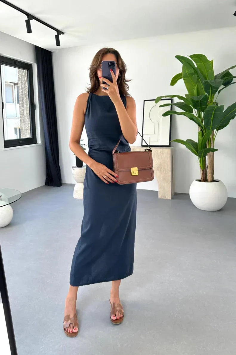 Boat Neck Sleeveless Side Ruched Linen Midi Dress