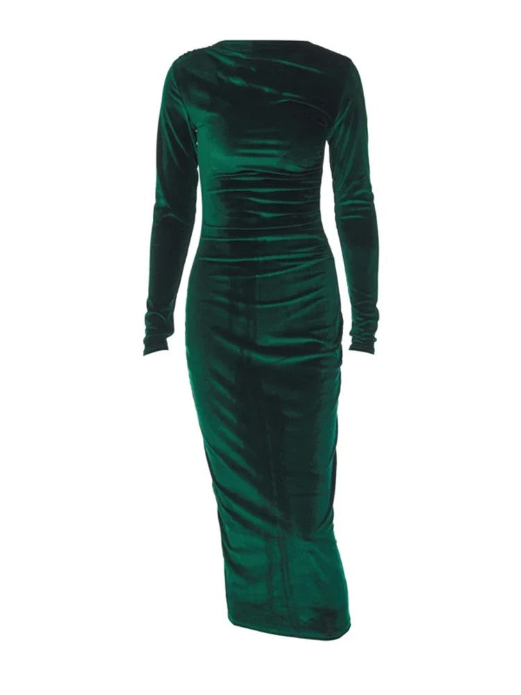 Velvet Ruched Side Drape Bateau Neck Long Sleeve Bodycon Midi Dress