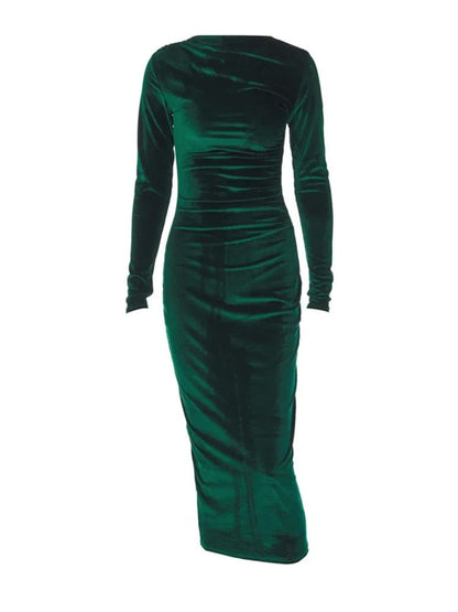 Velvet Ruched Side Drape Bateau Neck Long Sleeve Bodycon Midi Dress