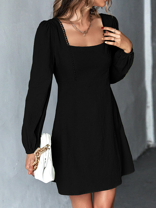 A-Line High Waisted Solid Color Split-Joint Square-Neck Mini Dresses