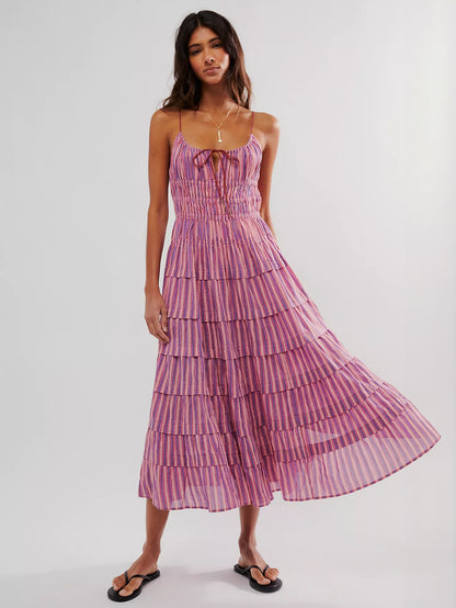 Bohemian Dress Layered Pleated Spaghetti Straps Backless Resort Midi Dresses