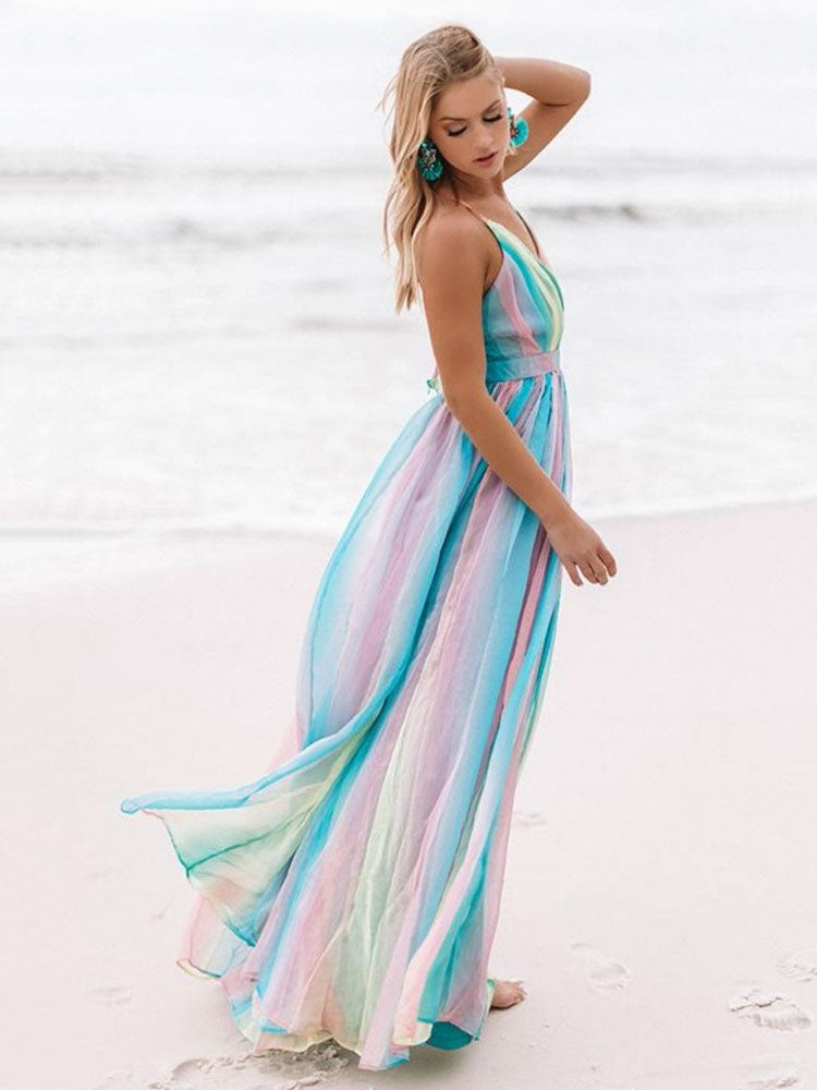 Maxi Dresses Sleeveless Pink Ombre Straps Neck Backless   Floor Length Dress
