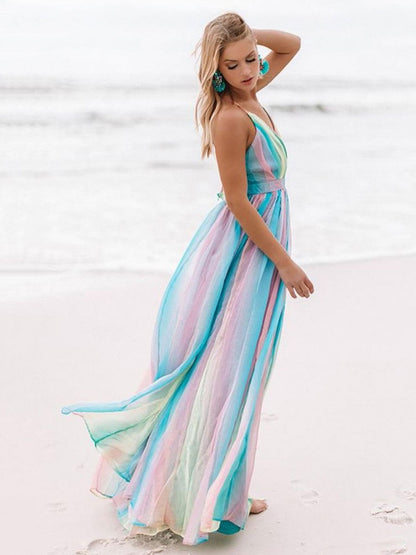 Maxi Dresses Sleeveless Pink Ombre Straps Neck Backless   Floor Length Dress
