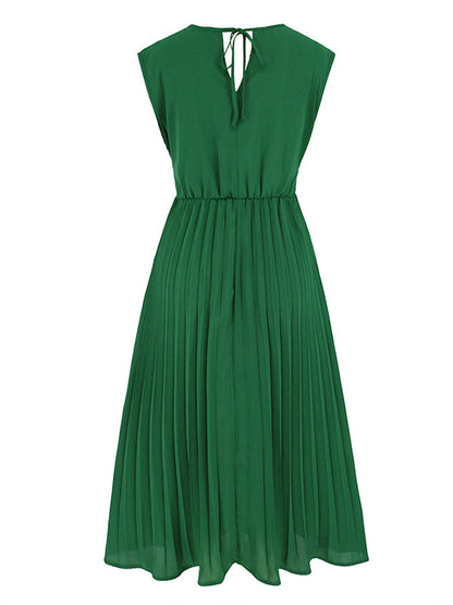 Sleeveless Pleated Solid Color Tied Waist V-Neck Midi Dresses