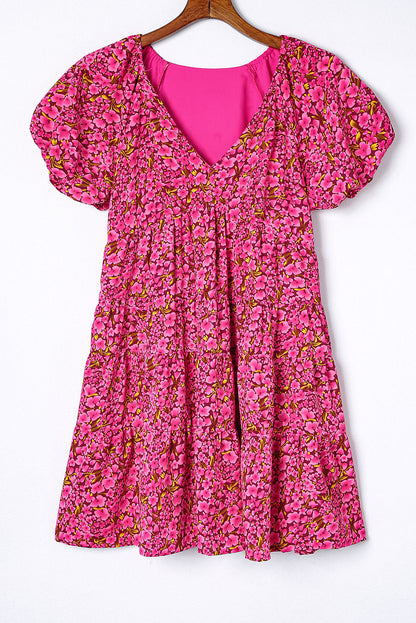 Rose Floral Print Puff Sleeve Babydoll Mini Dress