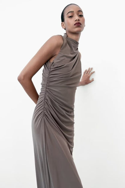 Women Clothing Stand Collar Sleeveless Straight Slim Pleated Decoration Midi Dress