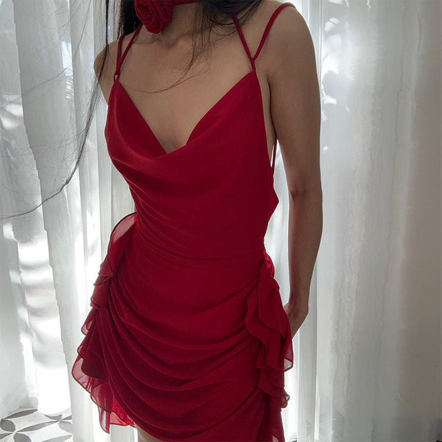 TARUXY Sexy Backless Dress For Women Ruffle Folds Solid Slim Mini Dresses Ladies Holiday Bandage Sexy V Neck Lace Up Dress Woman