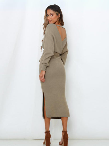 Lorene Tie Waist Midi Sweater Dress - Khaki