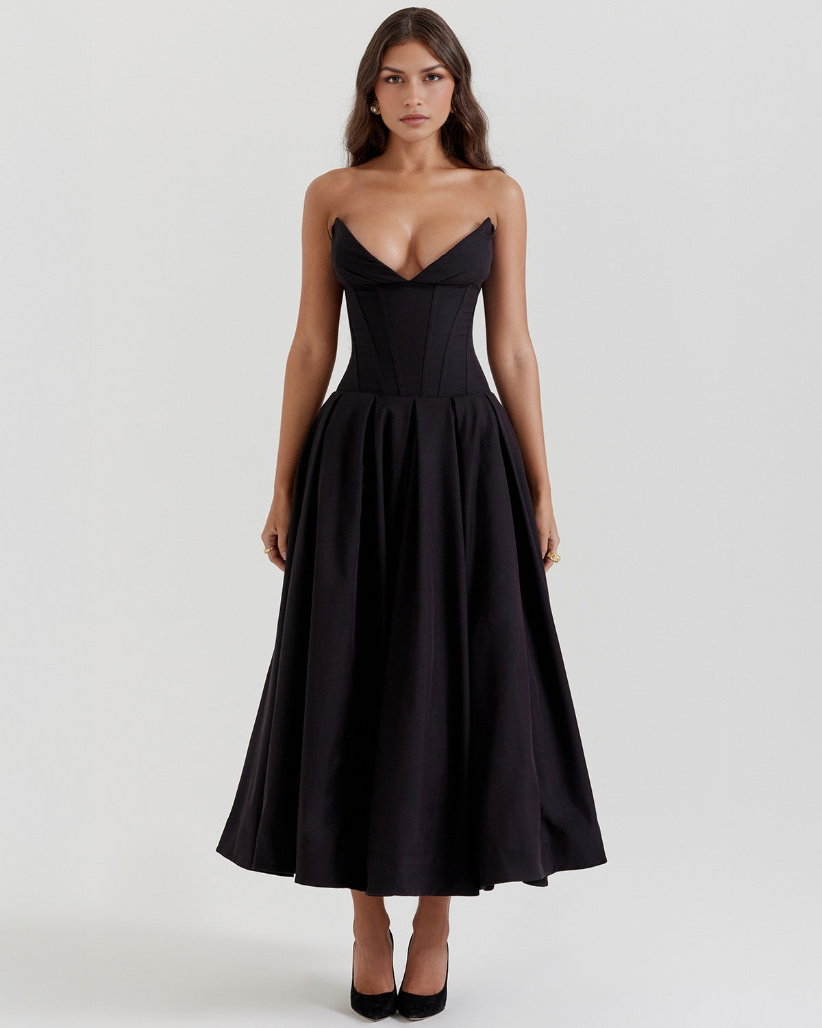 Strapless Pointed Sweetheart Corset Bodice Box Pleat A-Line Midi Dress