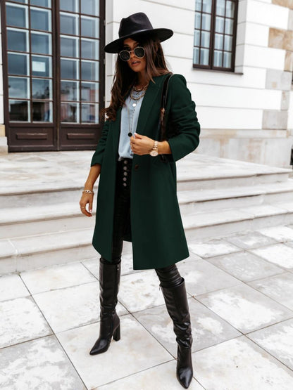 Solid Color Lapel Mid-length Button Wool Coat