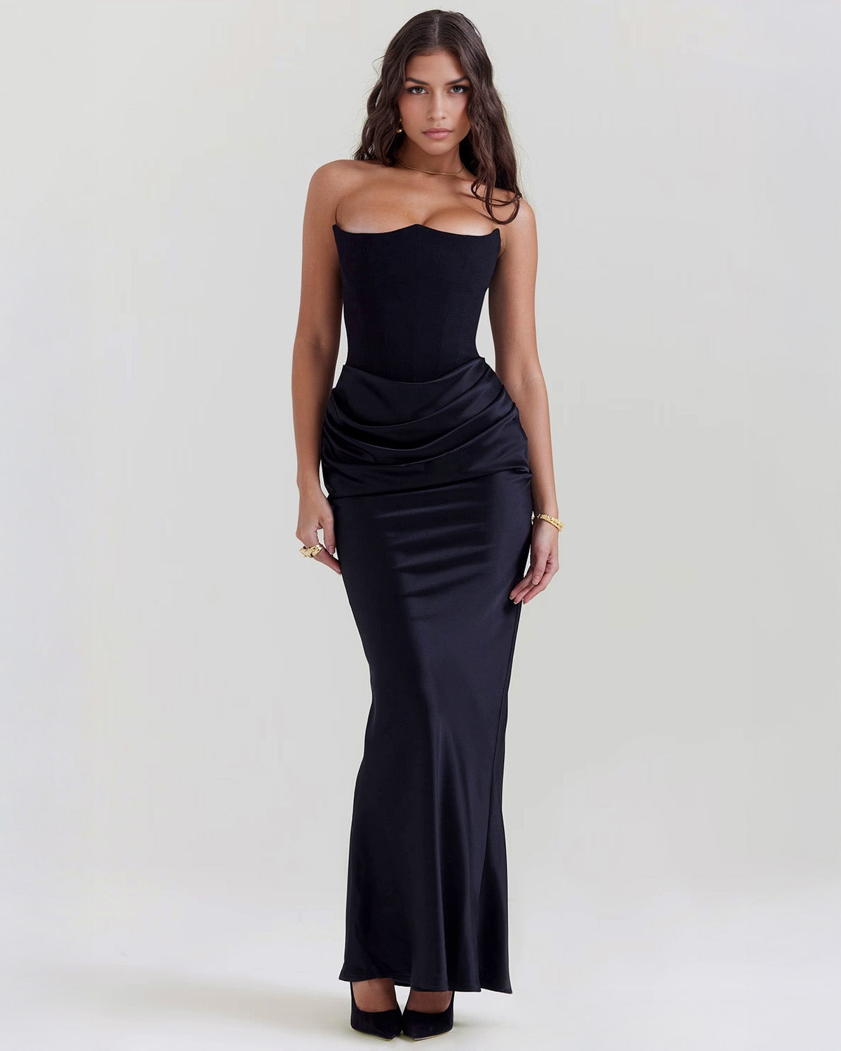 Strapless Pointed Sweetheart Corset Bodice Draped Hip Column Maxi Gown