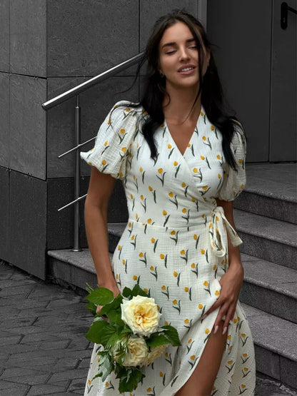 Pure Cotton Bandage Wrap-up Puff Sleeve Printed Comfort Maxi Dresses