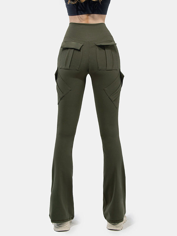 Solid Multi Pocket High Rise Flare Leg Pants