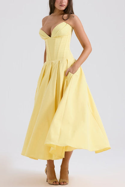 Strapless Corset Sweetheart Neckline Pleated Full Skirt Midi Dress