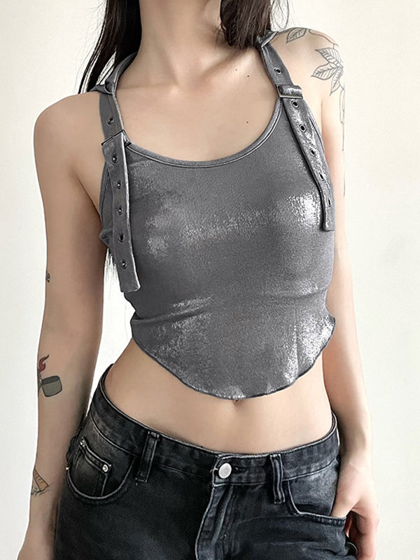Metallic Eyelet Buckle Hooded Halter Vest
