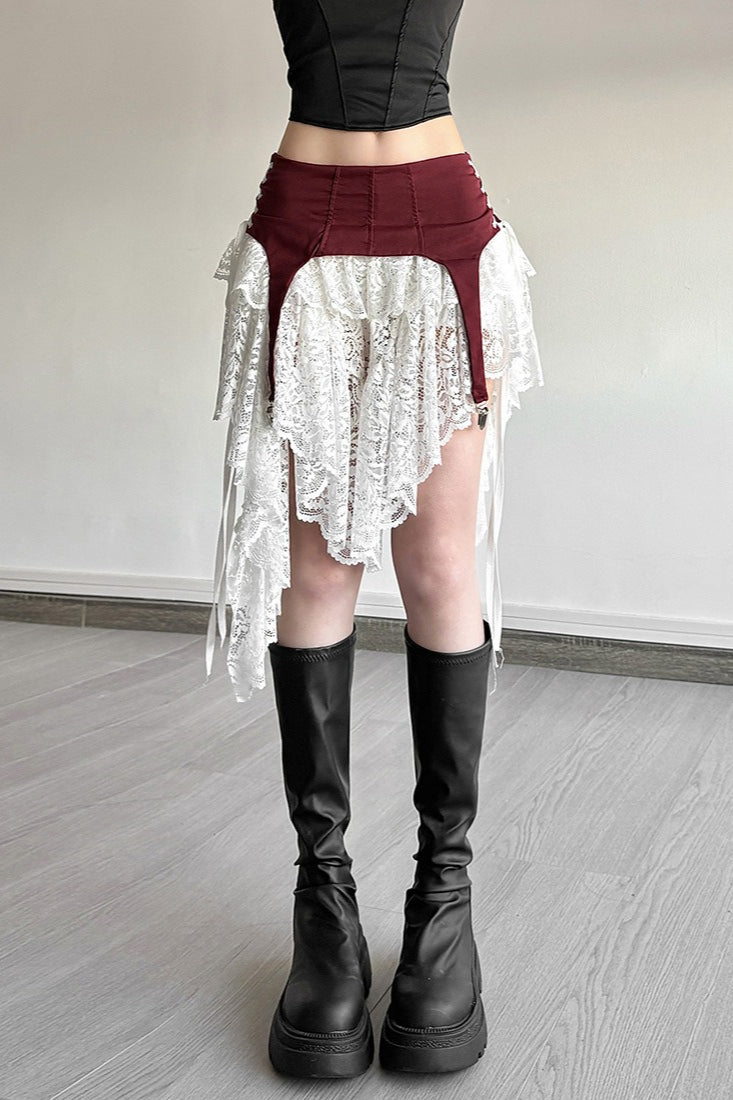 Sheer Lace Overlay Asymmetric Maxi Skirt
