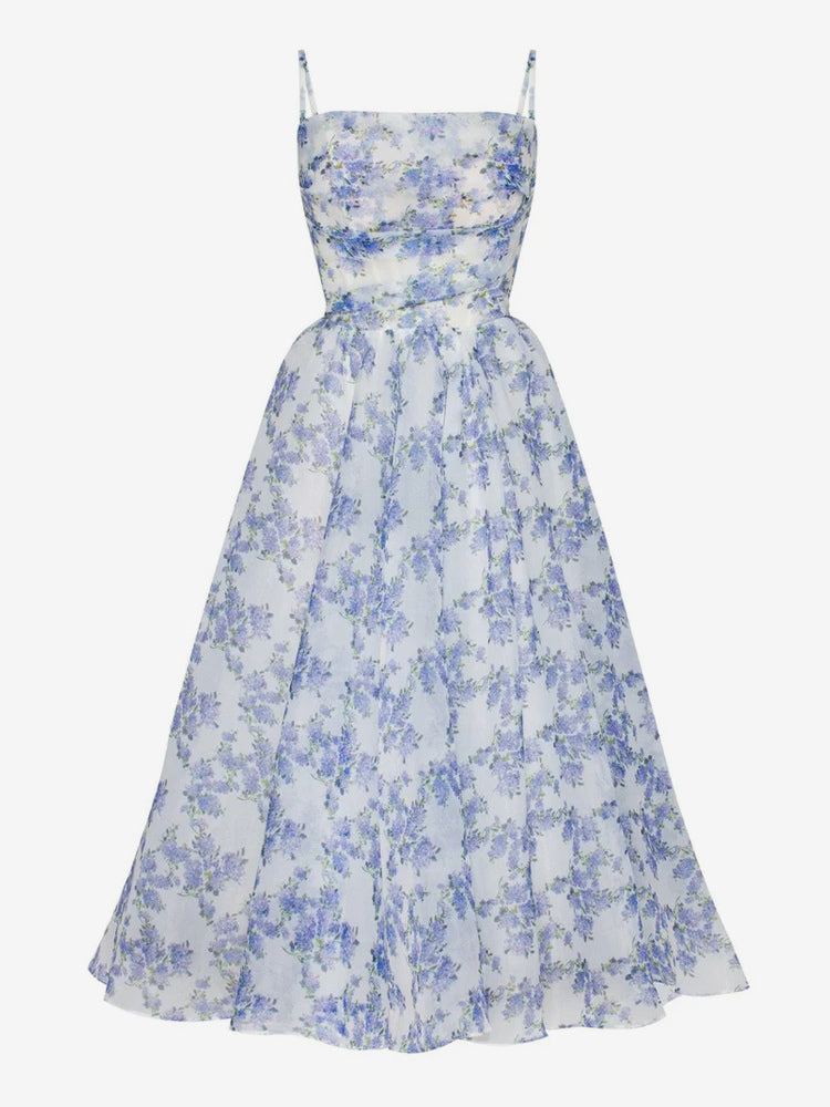 Floral Dress Spaghetti Strap Backless Lace Up Birthday Party Midi Dresses