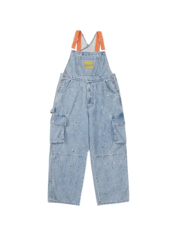 Vintage Big Pocket Splash Ink Print Overalls