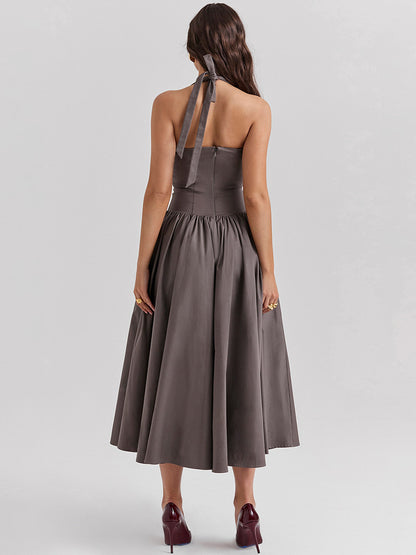 Corset Dress Halter Wide Strap Backless Party Midi Dresses In Solid Color