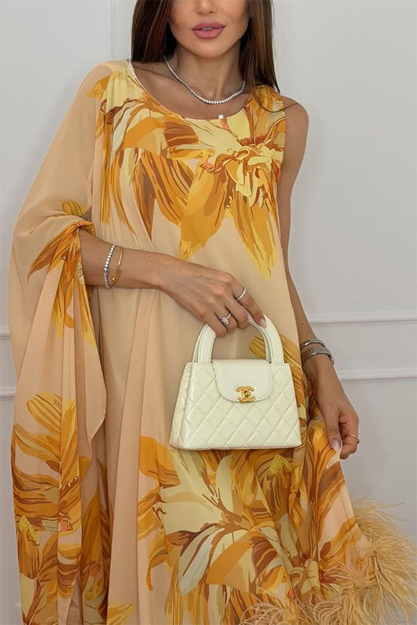 Nadia Chiffon Floral Print Asymmetrical Bell Sleeve Feather Trim Maxi Dress