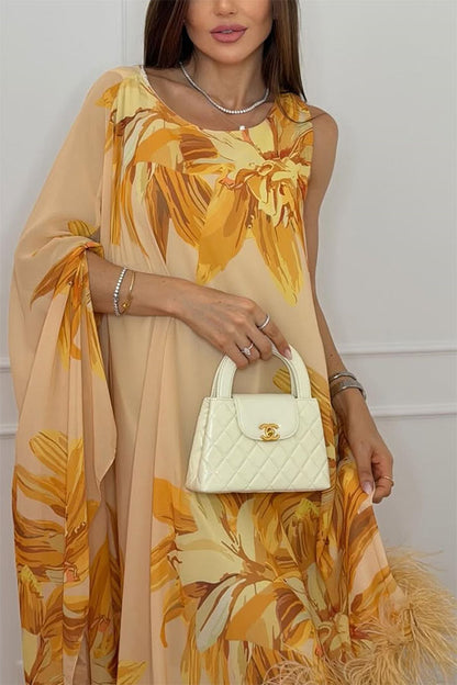 Nadia Chiffon Floral Print Asymmetrical Bell Sleeve Feather Trim Maxi Dress